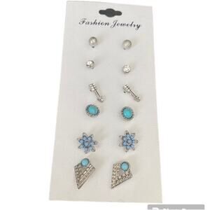 Silver‑Tone & Turquoise Multi Stud Earring Set 6 Pairs NWOT